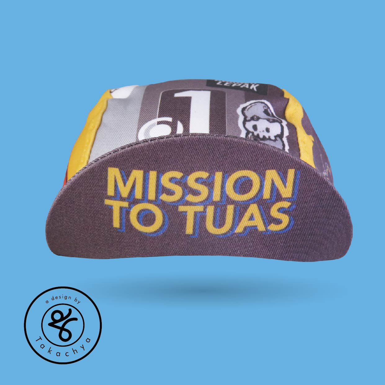 Mission To Tuas - Grayscale Yellow - A Design by Takachya Cycling Cap